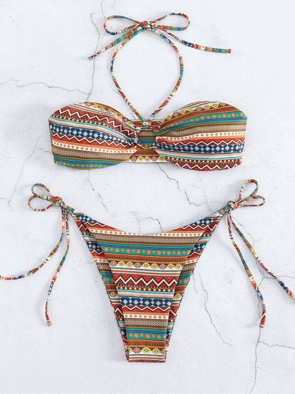 SHEIN GEOMETRIC PRINT BIKINI BOHO MULTICOLOR STRIPE BIKINI SET